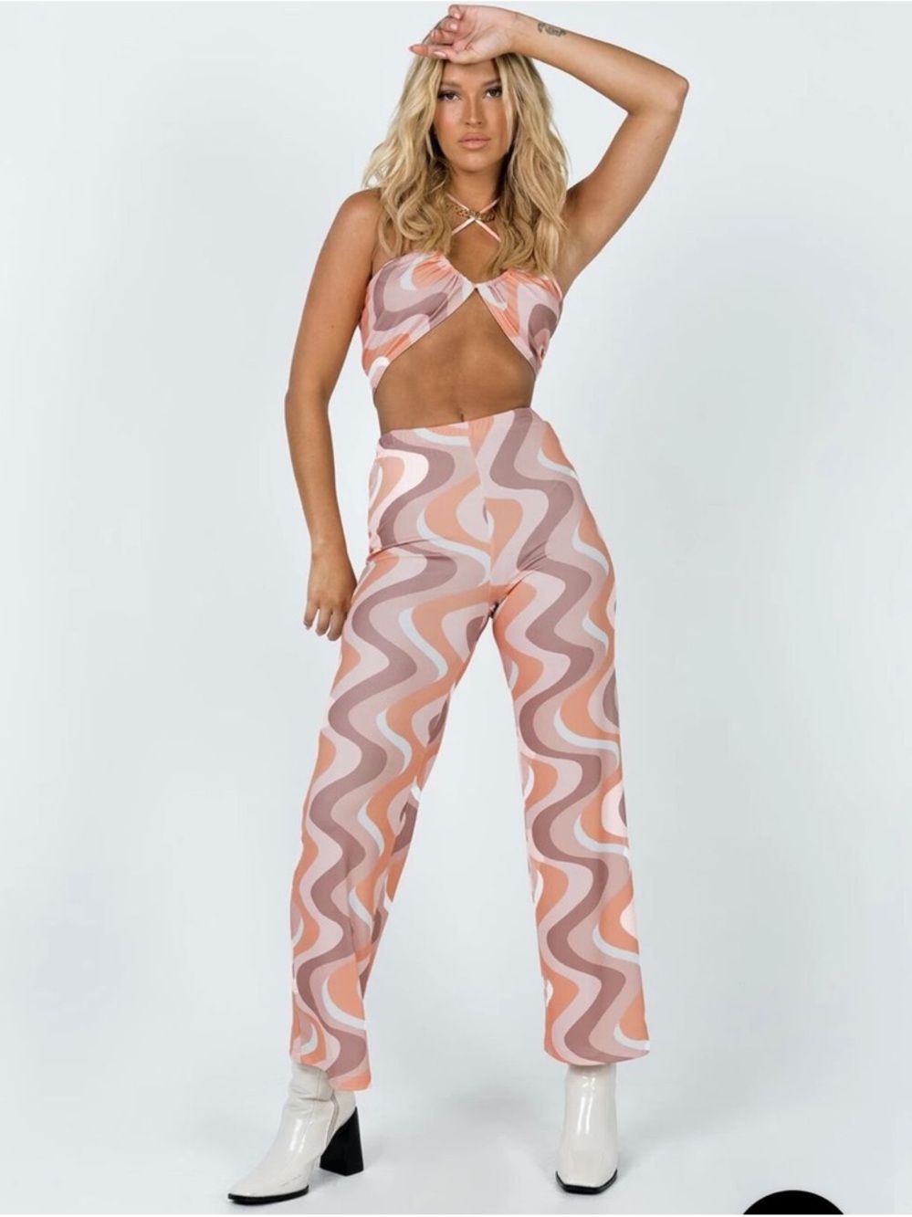 Princess Polly Pink & Cream Retro Wave Cutout two piece set
